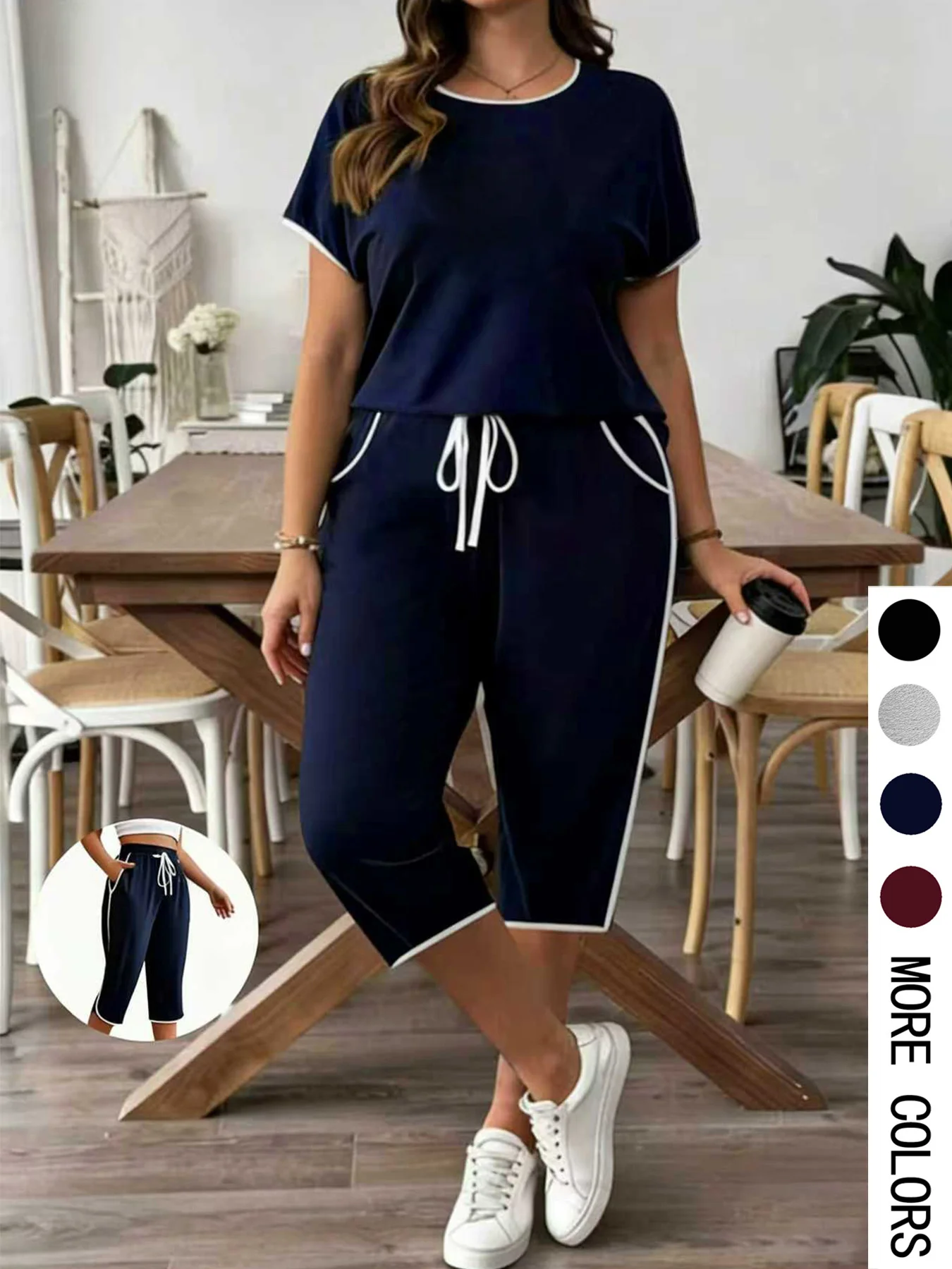 2pcs Women's Casual Suit, a New Summer Fashion Choice, Made of High-elasticity Fabric, Elastic Waistband, Faux Drawstring, Suitable for Casual Street Wear Versatile, Consisting of a Short-sleeved T-shirt and Mid-length Pants Set