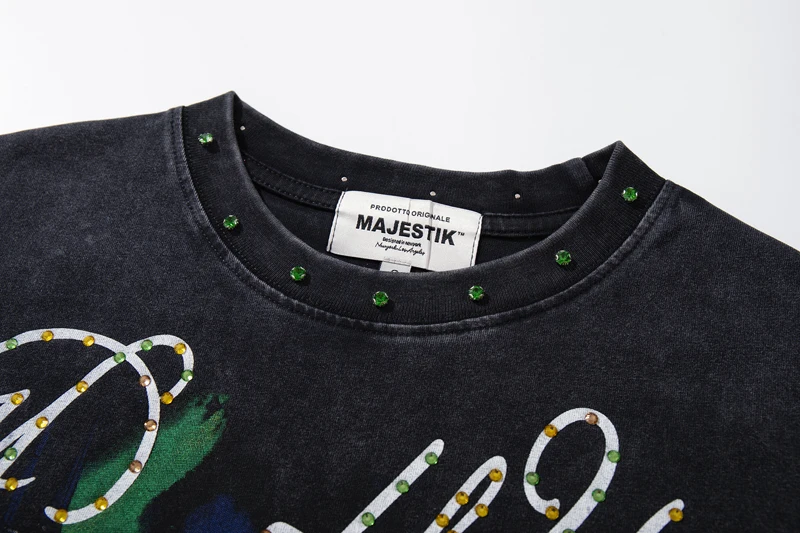 Vintage Washed Worn Black MAJESTIK Sleeveless Tshirts Hotfix Rhinestone Letter Sports Car Night View Tank Tops Men Women Vest
