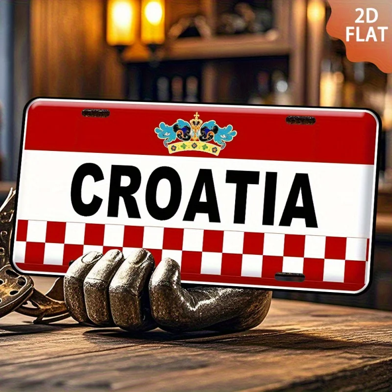 HD Aluminum Print, Vintage Croatia National Flag Checkerboard Coat of Arms Retro License Plate Style Wall Art, High Definition B