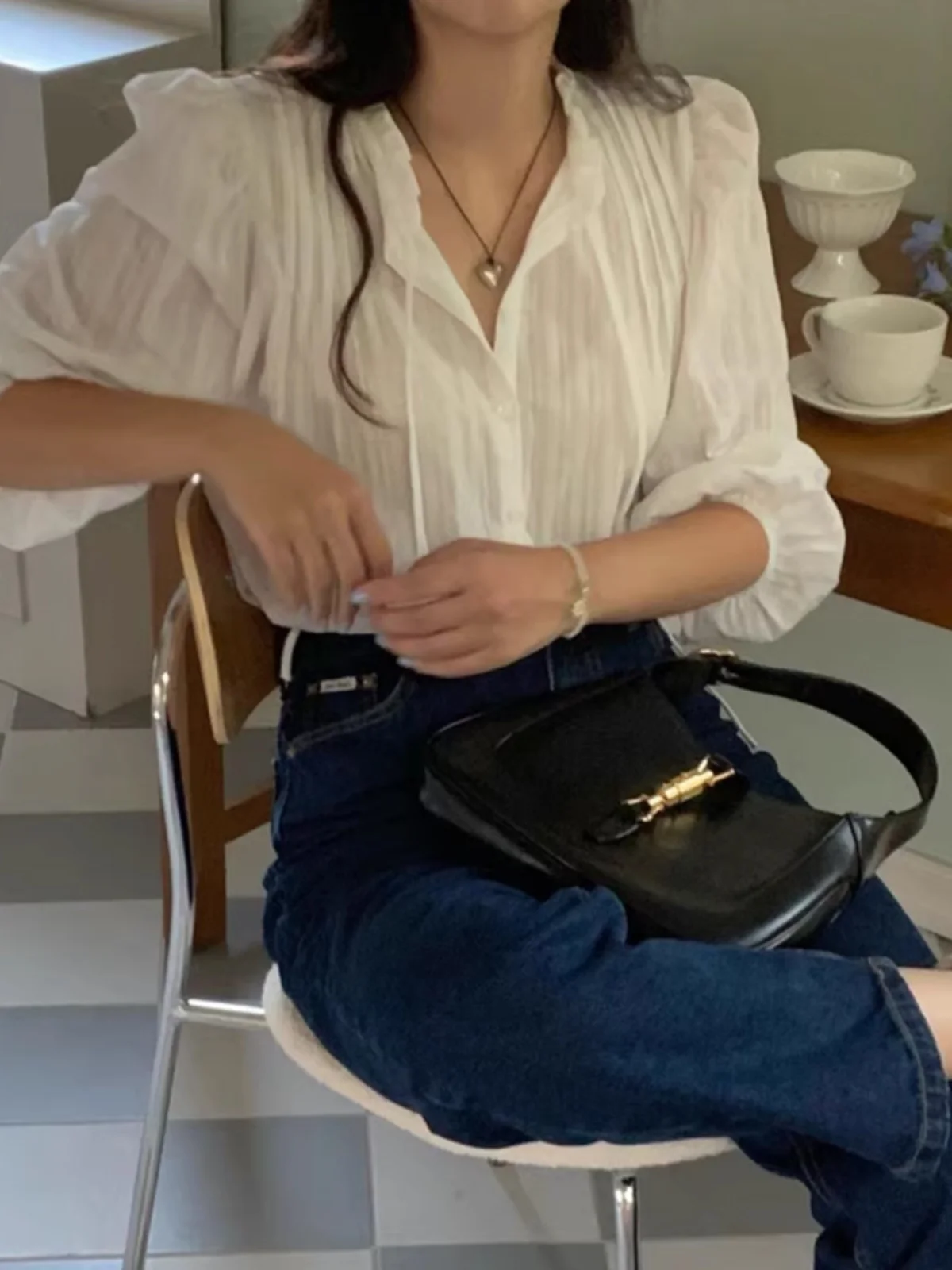 

Шикарная белая кукла irt, женская мода, нежный топ Ele Bubble Sve, маленький дизайн, с завязкой на талии, осенний сезон