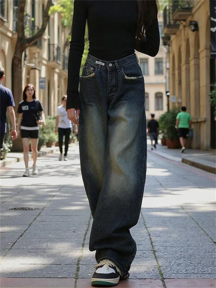 

Джинсы женские в корейском стиле, свободная уличная одежда с высокой талией и эластичной резинкой на талии, винтажная прямая повседневная мешковатая джинсовая одежда на осень-весну