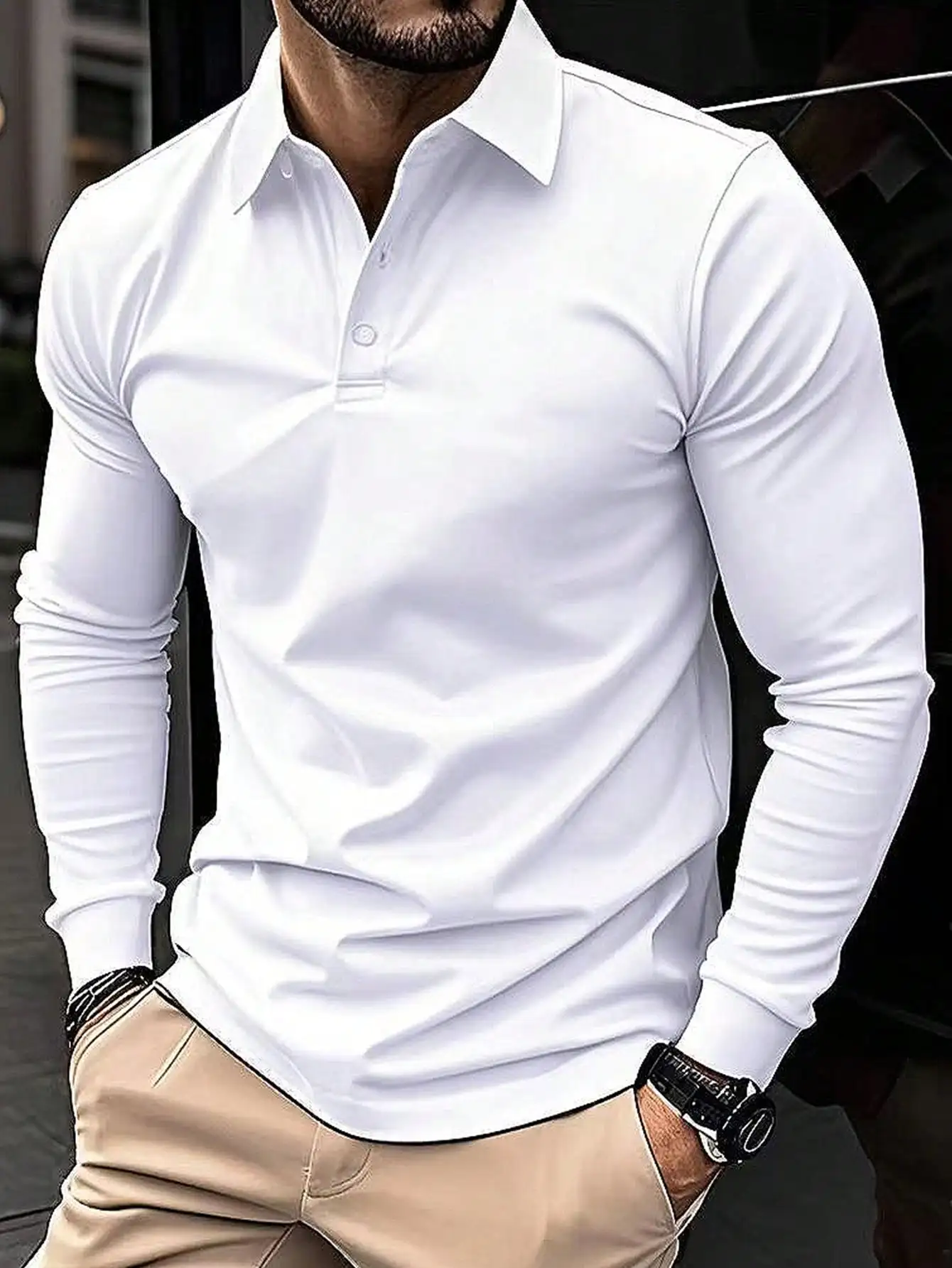 

Men's Solid White Long Sleeve Polo Shirt, Slim Fit, Casual Daily Wear for Autumn