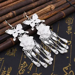 Hmong Silver Plated Butterfly Long Tassel Dangle Earrings for Women Carved Ethnic Color Afghan Turkish Dress Jewelry Accessories