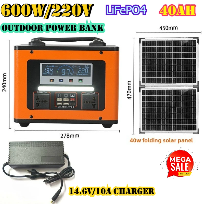 

LiFePO4 220V 600W 40AH Solar Outdoor Mobile Power Supply Outdoor Live Broadcast Camping Emergency Energy Storage Power Supply