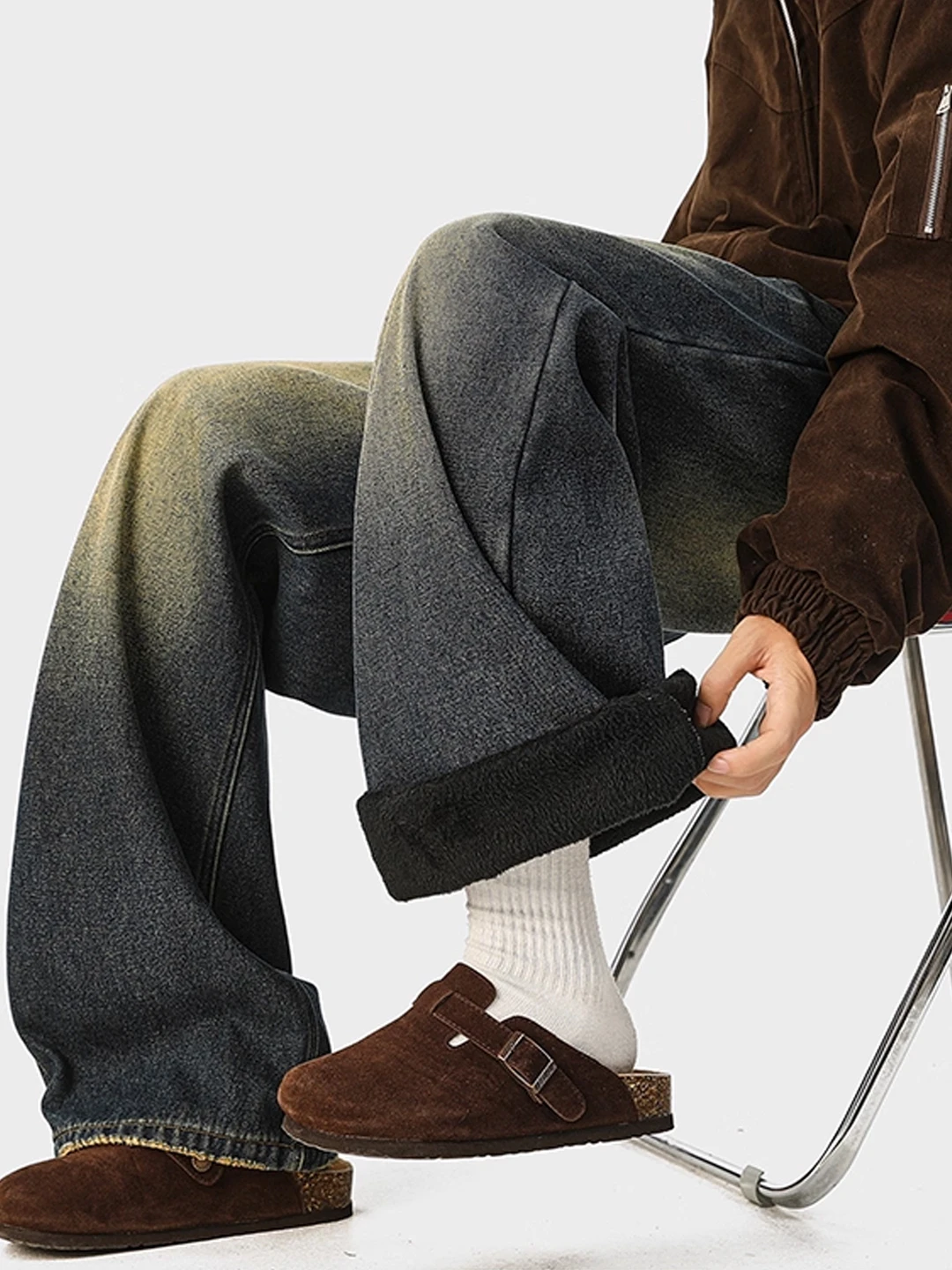 

Waed adient Fce Lined Men's Jeans Winter Thi Straight Casual Warm Trousers American Retro Sle Zipper Closure