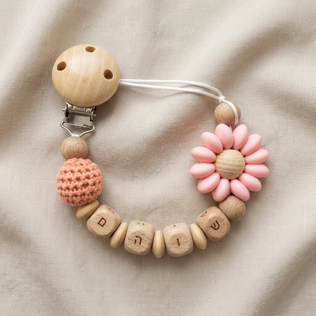 Personalized Hebrew Name Baby Pacifier Clip Custom Dummy Chain Wooden Beads Silicone Flower Soother Holder Newborn Gift