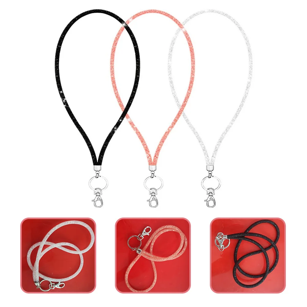 

3Pcs Phone Neck Strap Rhinestone Lanyard Metal Clasp Id Badge Holder Work Permit Key Chain Holder String Office Badge Lanyard