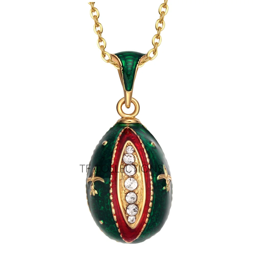 YAFFIL Enamel Egg Pendant, Red Gold With Diamond Patterns Necklace, Diamond Studded Unique Design Pendant
