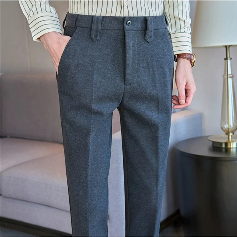 Wool‑Like Brushed Thick Suit Pants for Men, Hidden Elastic Waist Business Casual Trousers,84% Polyester 12% Viscose 4% Spandex