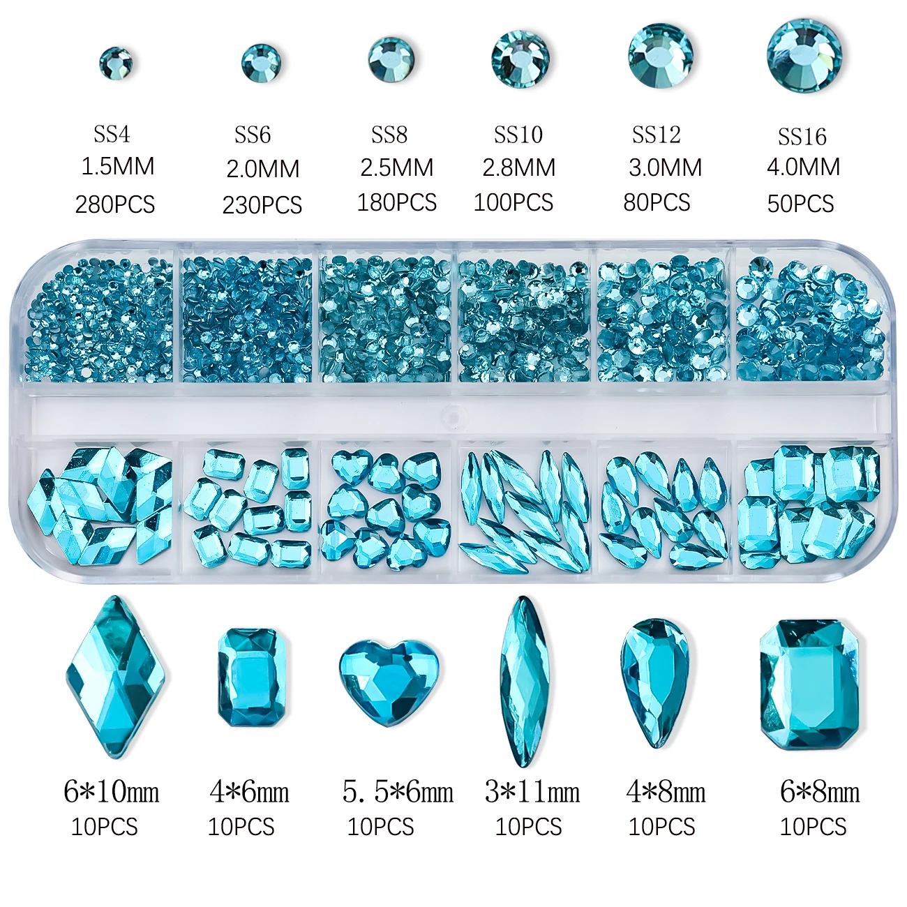 12Grid Lake Blue Crystal Nail Art Rhinestones Flatback Non-hotfix Diamond Gem Luxury Glass Stones Nail Charm Manicure Decoration
