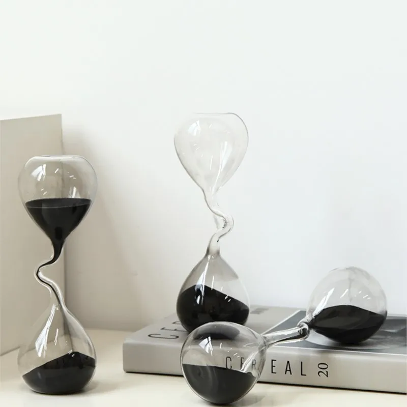 2024 Transparent Glass Time Hourglass Timer Office Desktop Bedroom Decoration Ornaments Light Luxury Black Sand Hourglass LF676