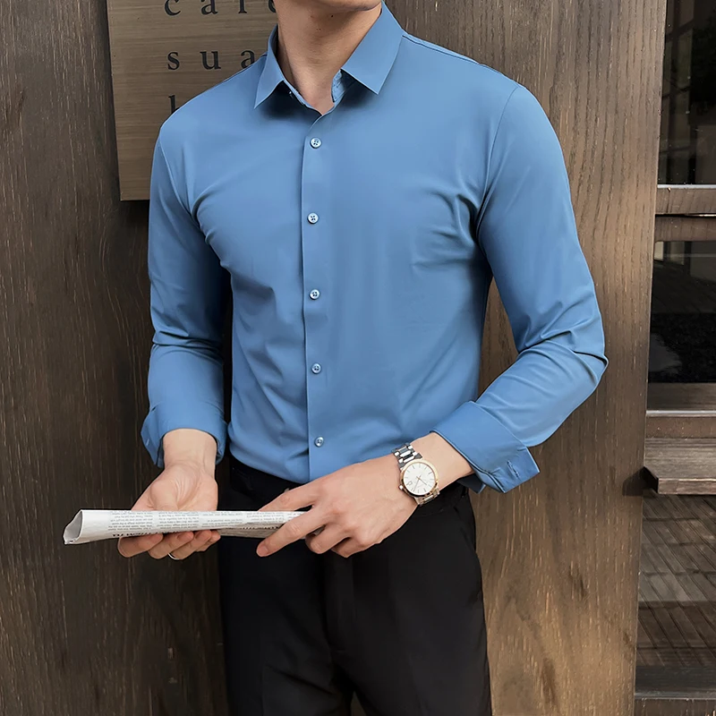 High elasticity Men Long sleeved Shirt 2026 Summer Anti-wrinkle Soft Thin Solid Casual Slim Fit Formal Dress Shirt Men Clothing