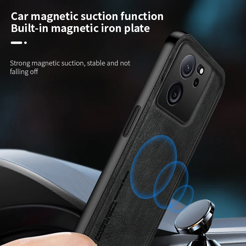 Retro PU Leather Case Build-in Iron Plate on Magnet Car Mount Shockproof Cover For Xiaomi 13T 13TPro Pro