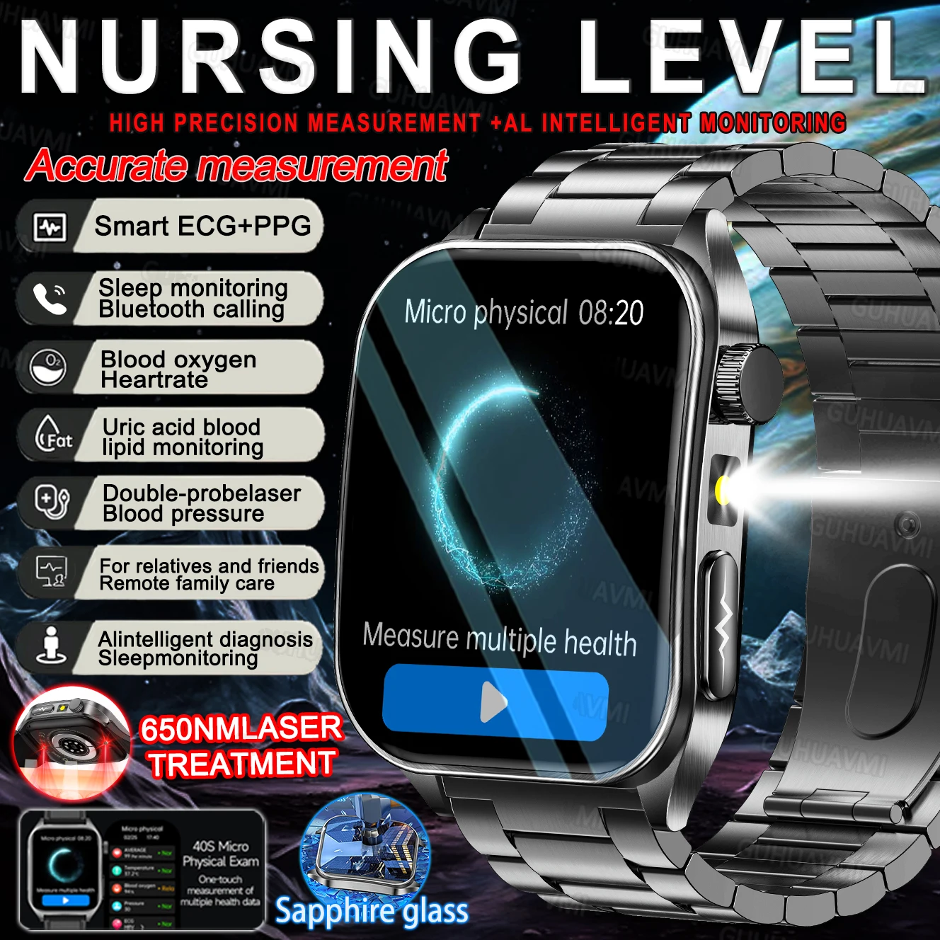 

2025 Совершенно новая лазерная терапия 3D Кривая Сапфировое стекло ЭКГ + PPG Смарт-часы Мужчины Артериальное давление Мочевая кислота Здоровье HD Вызов Смарт-часы