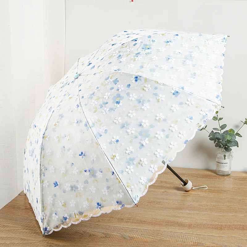 Japanese Aesthetic Floral White Mesh Cover Sun Umbrella Women Travel Walk Shopping UV Proof 3-fold Manual Flower Rain Umbrella