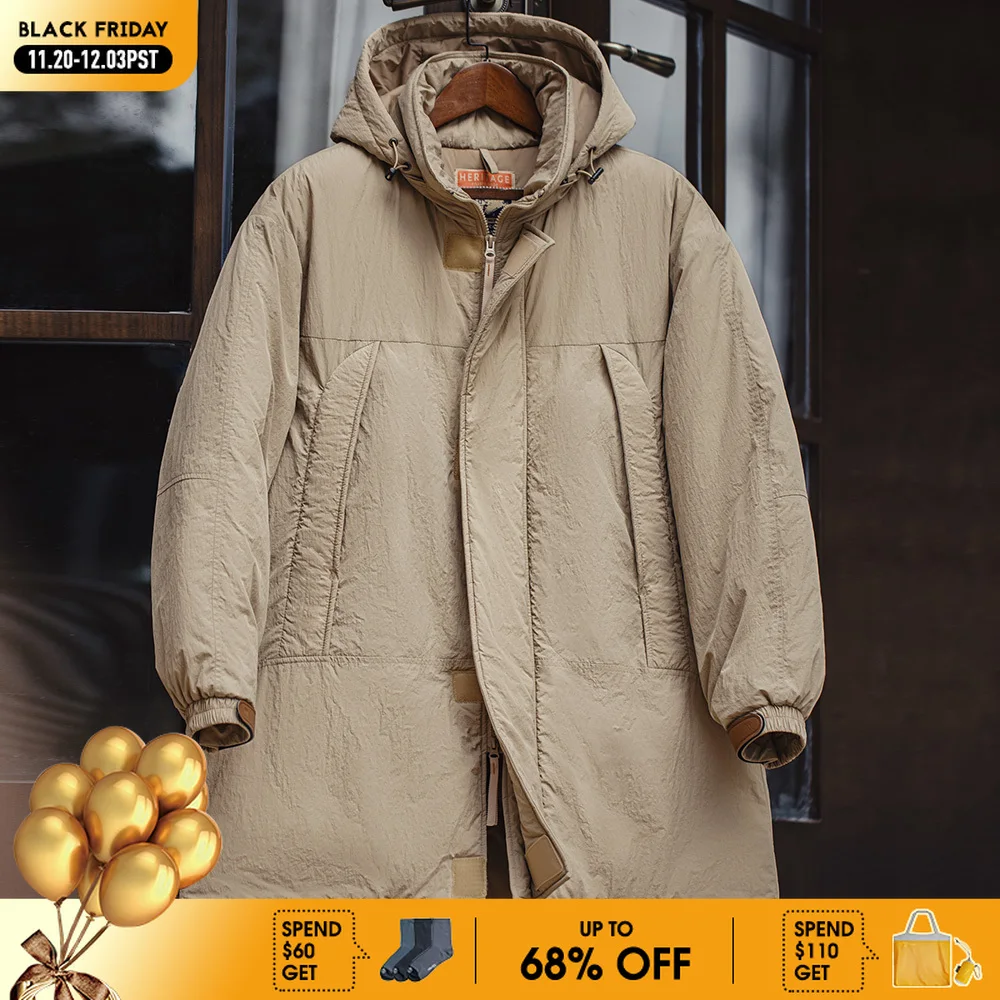 

Maden Vintage Mid-length Padding Cotton Jackets Khaki Hooded Coat Pcu Level'7 Jacket for Men's Winter Warm Classic Parka Coat
