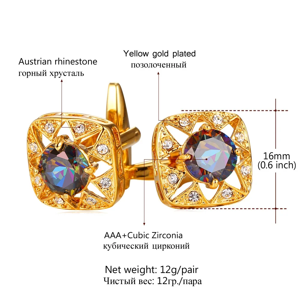 ChainsPro Rainbow Color Cubic Zircon Crystal Cufflinks For Mens Gold Color Luxury Rhinestone Men Jewelry QC24