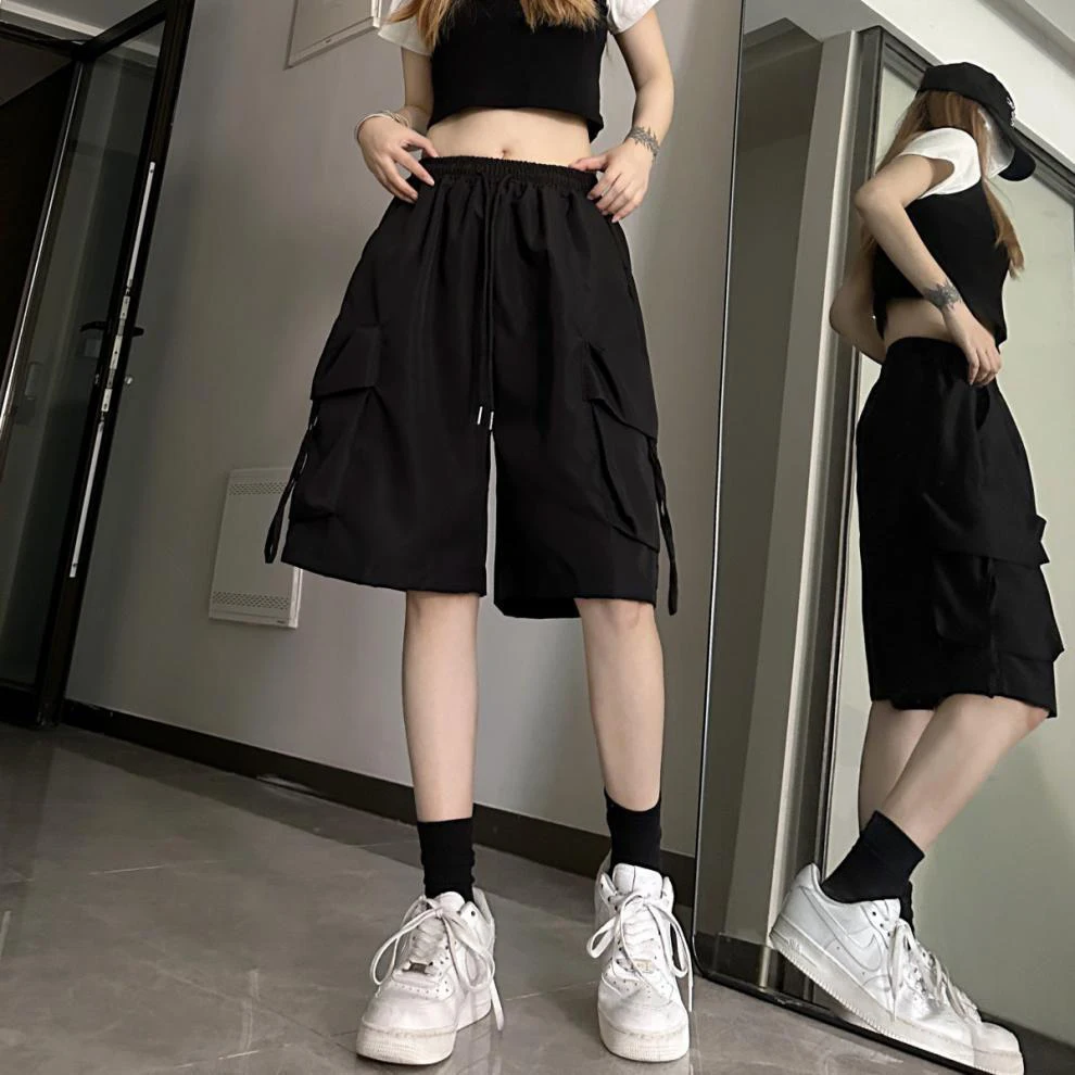 

Summer Women's Trendy High Street Sports Workwear Shorts Thin Loose Solid Colour Wide Leg Pants American Casual Five Pants