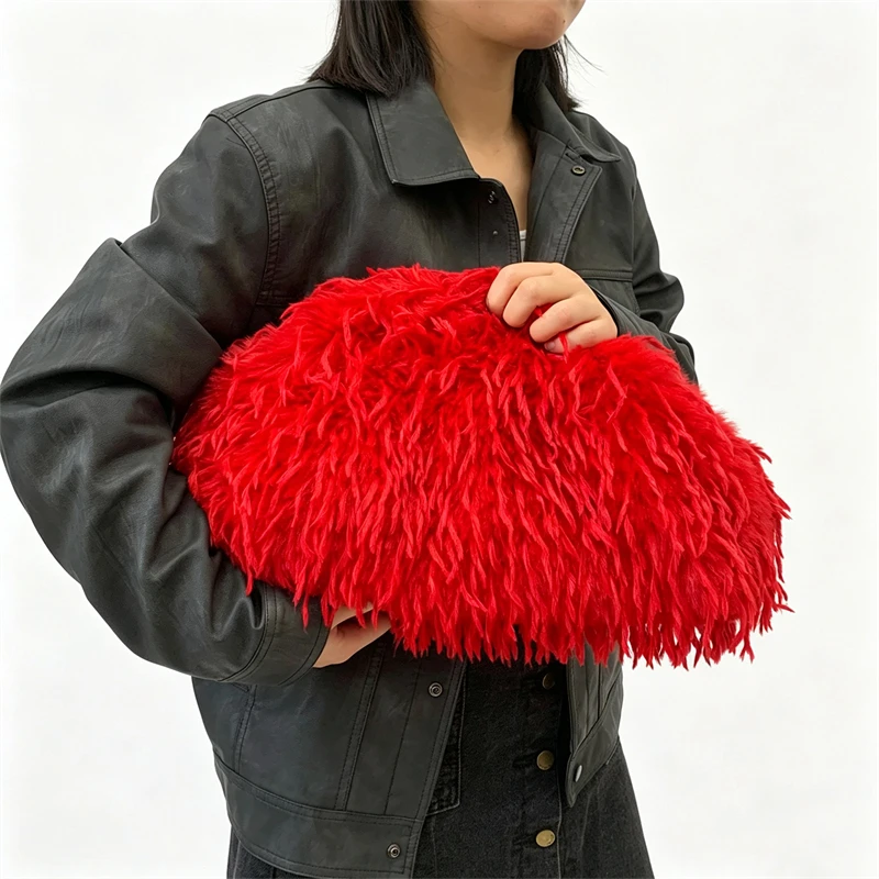 New Dopamine Style Fuzz Clip Clutch Bag For Women,Fashion Evening Bag Designer Wedding Party Purses, Large Capacity Ladies Purse