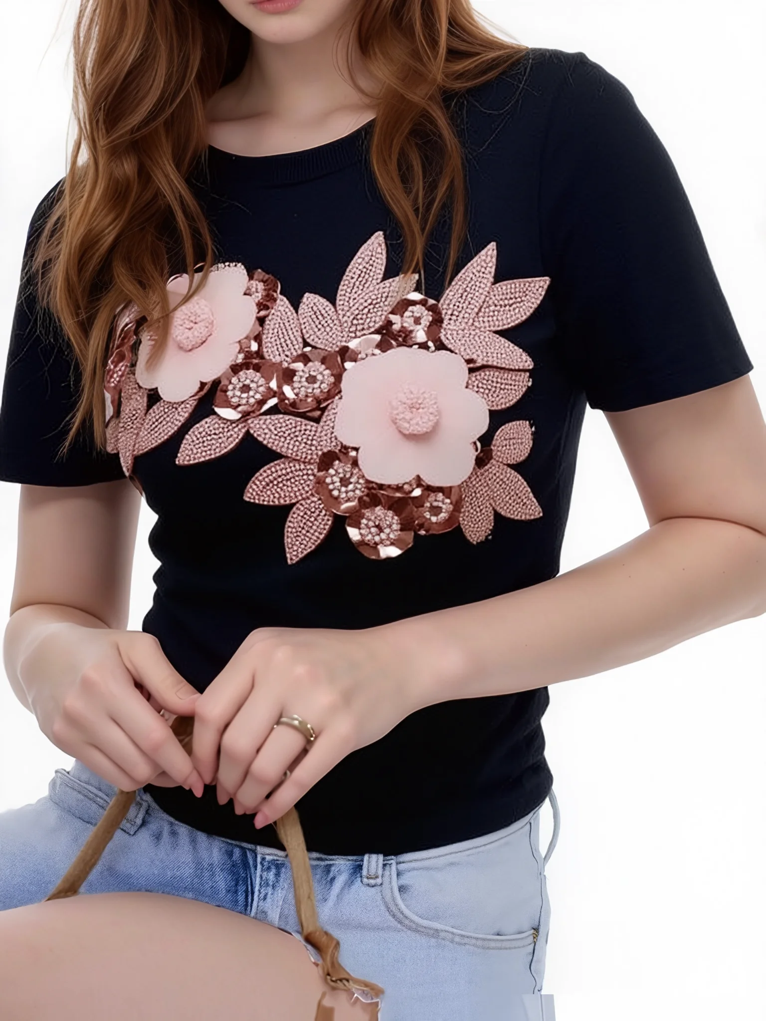 Streetwear Women T Shirt Flowers Solid Appliques Beading Tops Sweater 2025 Summer Short Sleeve Plus Size Tee Thin Cool Clothes