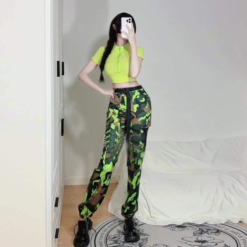 Jazz Dance Kostuum Groene Top Camouflage Broek Voor Vrouwen Hiphop Dance Kleding Gogo Kostuum Podium Performance Outfit Xs6469