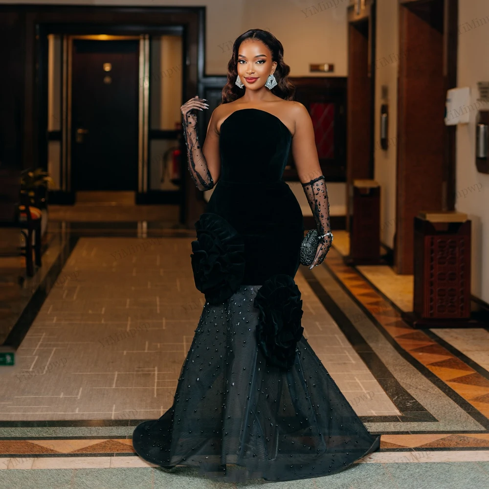 Velvet Diamond Aso Ebi Evening Dresses With Flowers Strapless Beaded Mermaid Birthday Dresses Baddie Black Girl Customized