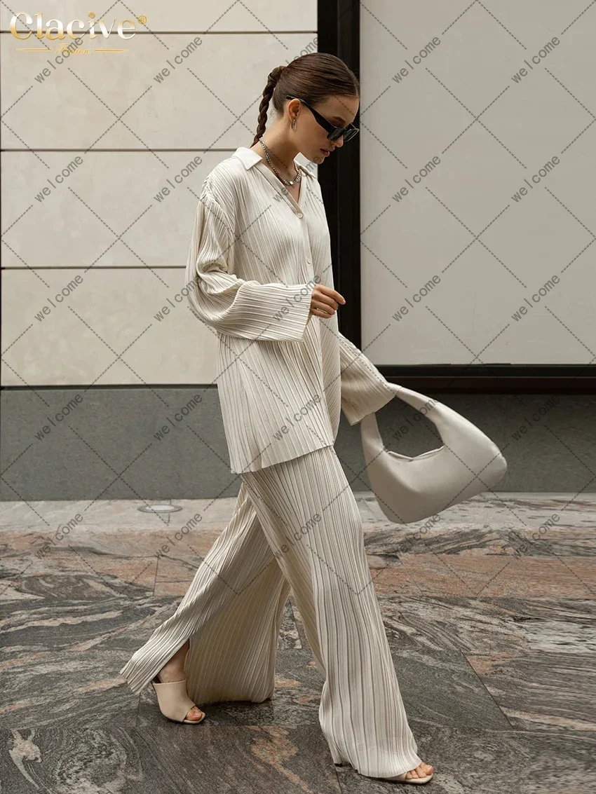 

Fashion Long Sleeve Blouses Womens Two Peice Sets Casual Loose Slit Wide Trouser Suits Elegant White Pleated Female Set