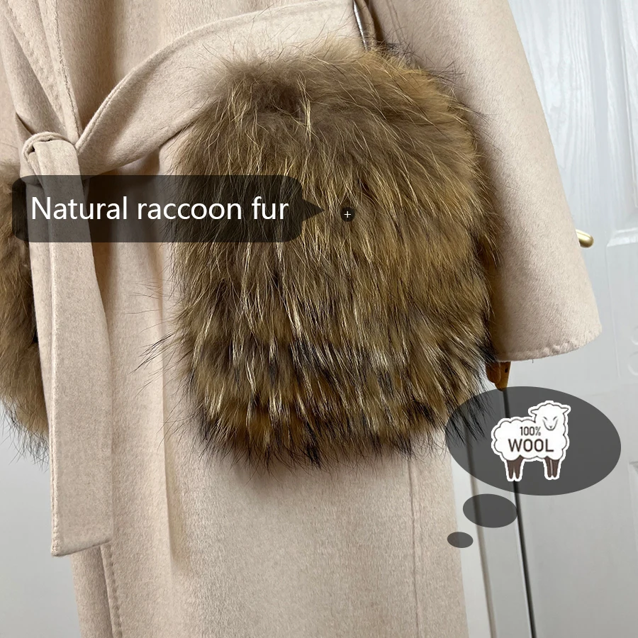 2024 Women Cashmere Cardigan With Fur Long Wool Coat Natural Raccoon Fur Coat Luxury High Quality