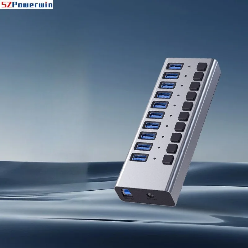 USB3.0 Hub الألومنيوم الصناعي 7-Port/10-Port/16-Port Splitter Split Switch مع محول الطاقة لأجهزة Macbook والهواتف المحمولة والأجهزة اللوحية