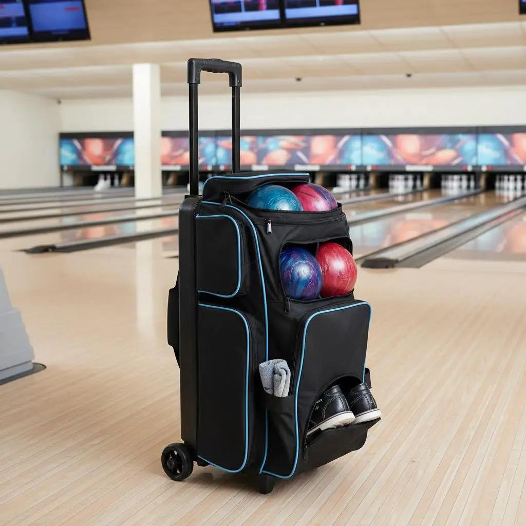 

Triple Ball Rolling Tote 31.5" x 12.5" x 16.5" For Bowling Alley Tournament Practice Separate Shoe Compartment Retractable Ha