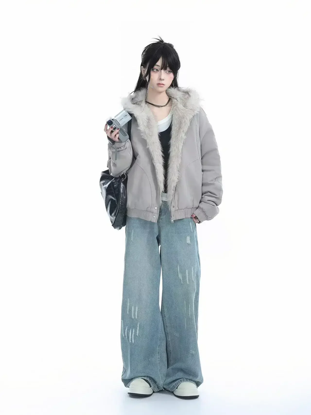 Zimní americký retro kožešinový límec pro ženy s kapucí a bavlněnou podšívkou, plyšová ležérní pouliční gotická harajuku nadměrná bunda - náhled 4