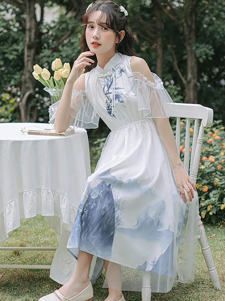 レディースファッション プリント パッチワーク メッシュ ミディ丈ワンピース 夏 オフショルダー シック カジュアル ホリデーワンピース 2025 韓国ファッション ボディコン ドレス