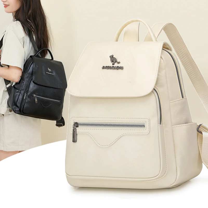 Women Solid Color Faux Leather Casual Backpack Flap Shoulder Bag with Front and Back Zipper Pockets Adjustable Strap Daily Tote