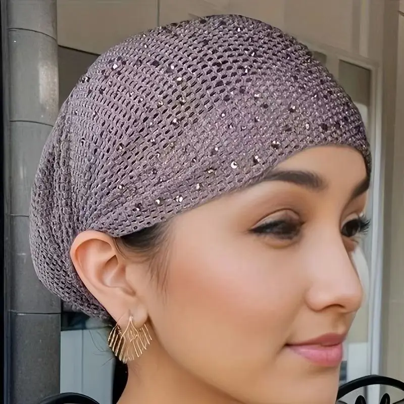 1 piece fashionable European-style headscarf with hollow design, knitted mesh beanie cap