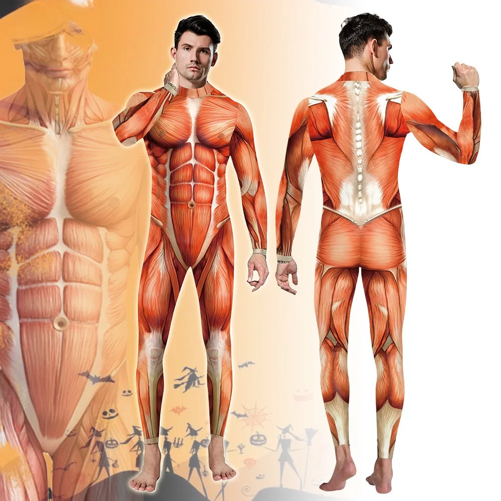 2025 New loween Muscle Cos Stage Performance Costume Print Bodysuit Tight Fit for Men And Women Funny Outfit Ladies