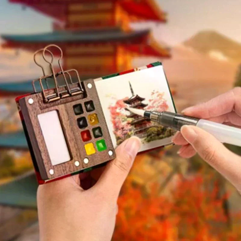 لوحة ألوان مائية صغيرة من خشب الجوز صندوق طلاء محمول مع مشبك لوحة رسم للسفر لوازم فنية لوحة كراسة الرسم #3