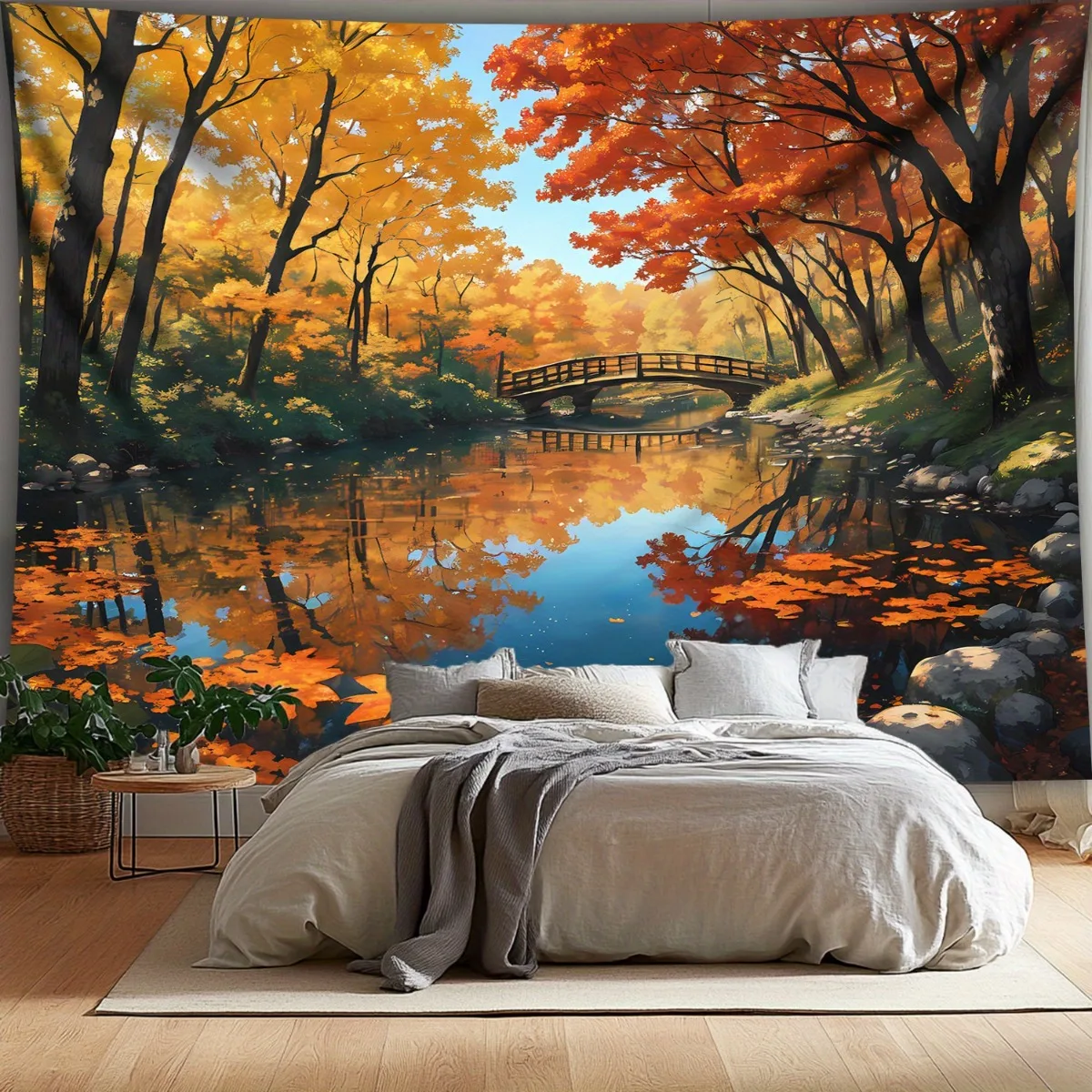 1pc Large Autumn Forest Lake Tapestry Wall Hanging - Realistic Fall Foliage Maples & Birch Trees with Chequered Sofa & Bridge, G