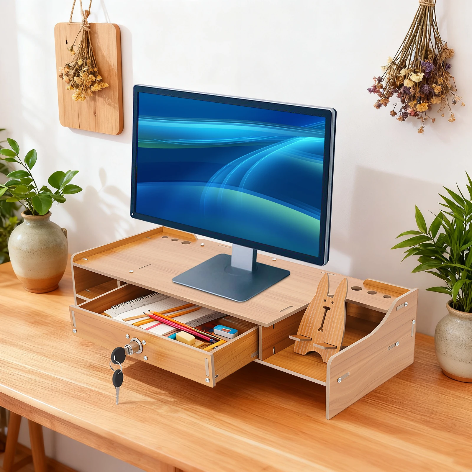 

Computer Monitor Stand, Computer Rack with Lockable Drawer & Cell Phone Holder, Storage Shelf for Home Office Accessories