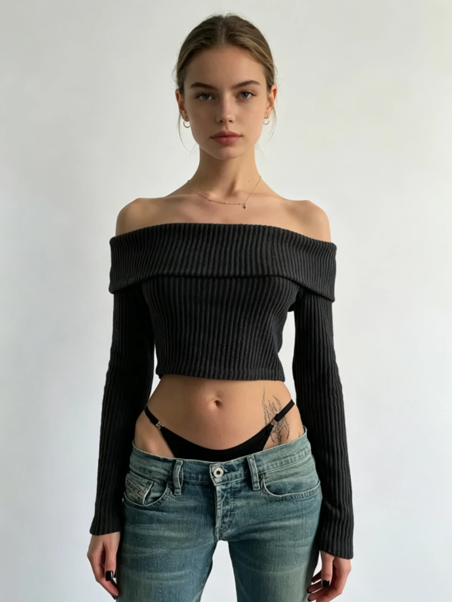 Women's Black Off Shoulder Knit T-shirt Y2K Gyaru Vintage Knitwear Tee Top Long Sleeve Cropped T-shirt for Women Spring Autumn