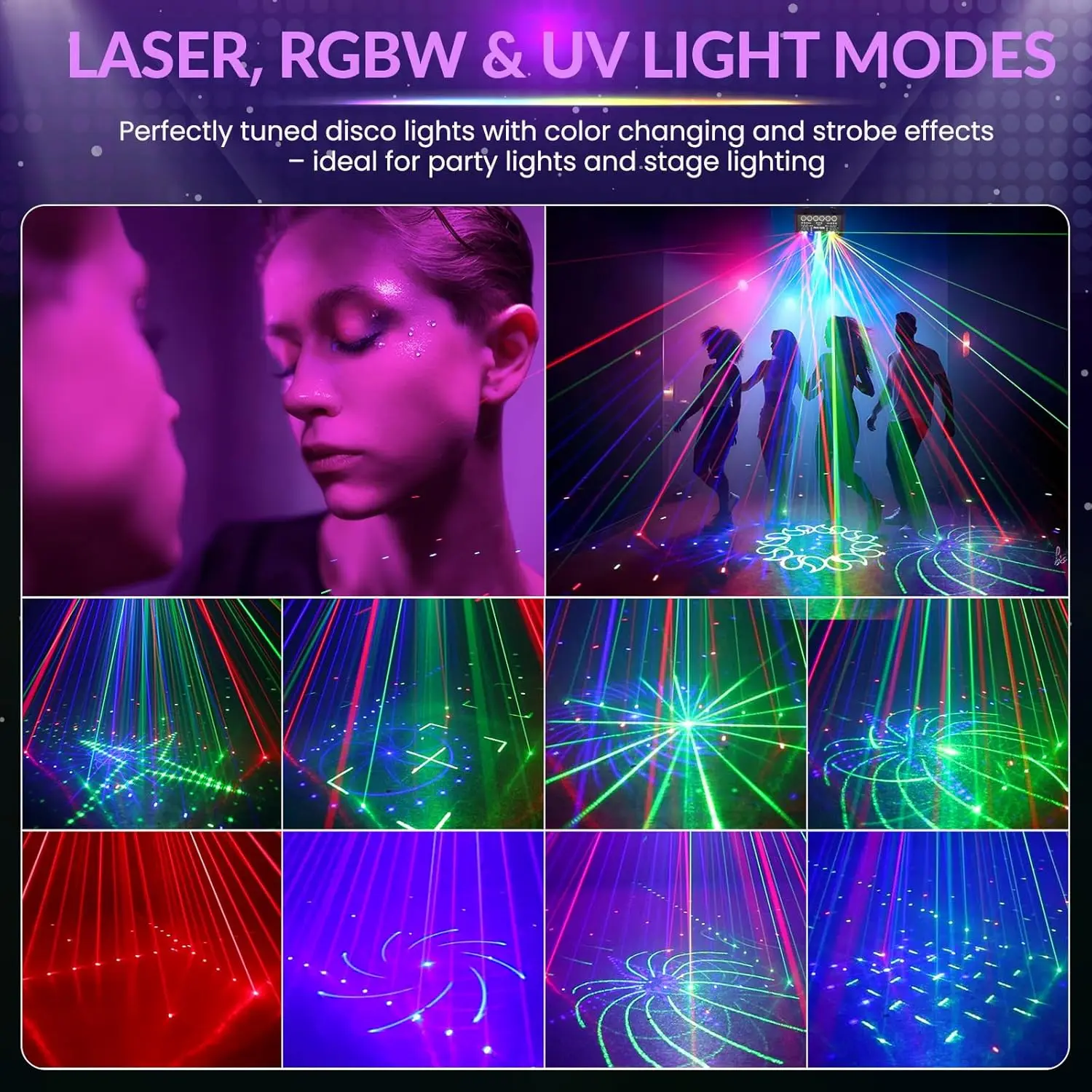 Lampu Panggung Laser RGBW 27-Beam, Lampu Disko Strobe Efek UV, DMX Remote, Lampu Klub Laser untuk Acara Pernikahan, Pertunjukan, Konser