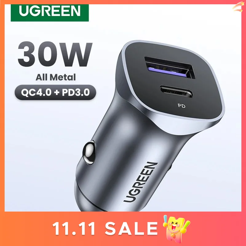 Автомобильное зарядное устройство UGREEN, 30 Вт, USB Тип C, быстрая зарядка QC 4,0 3,0 PD 20 Вт, быстрая зарядка для iPhone 15 14 13 Xiaomi, зарядное устройство - Best of Ugreen