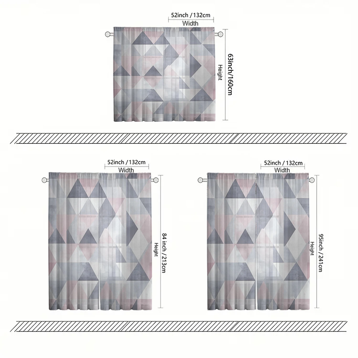 2 Pieces HD Digital Colored triangle geometry Printed Window Screen Home Decor Style Decoration Living Room Bedroom Rod