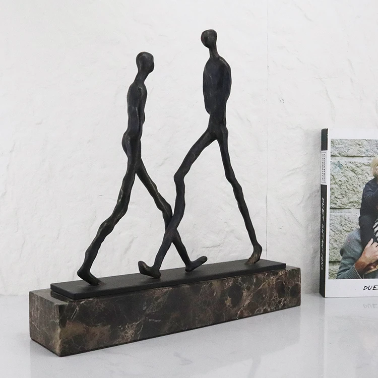 Abstract Walking Couple Metal Sculpture with Marble Base, Minimalist Human Figurine Ornament for Home Table Decor