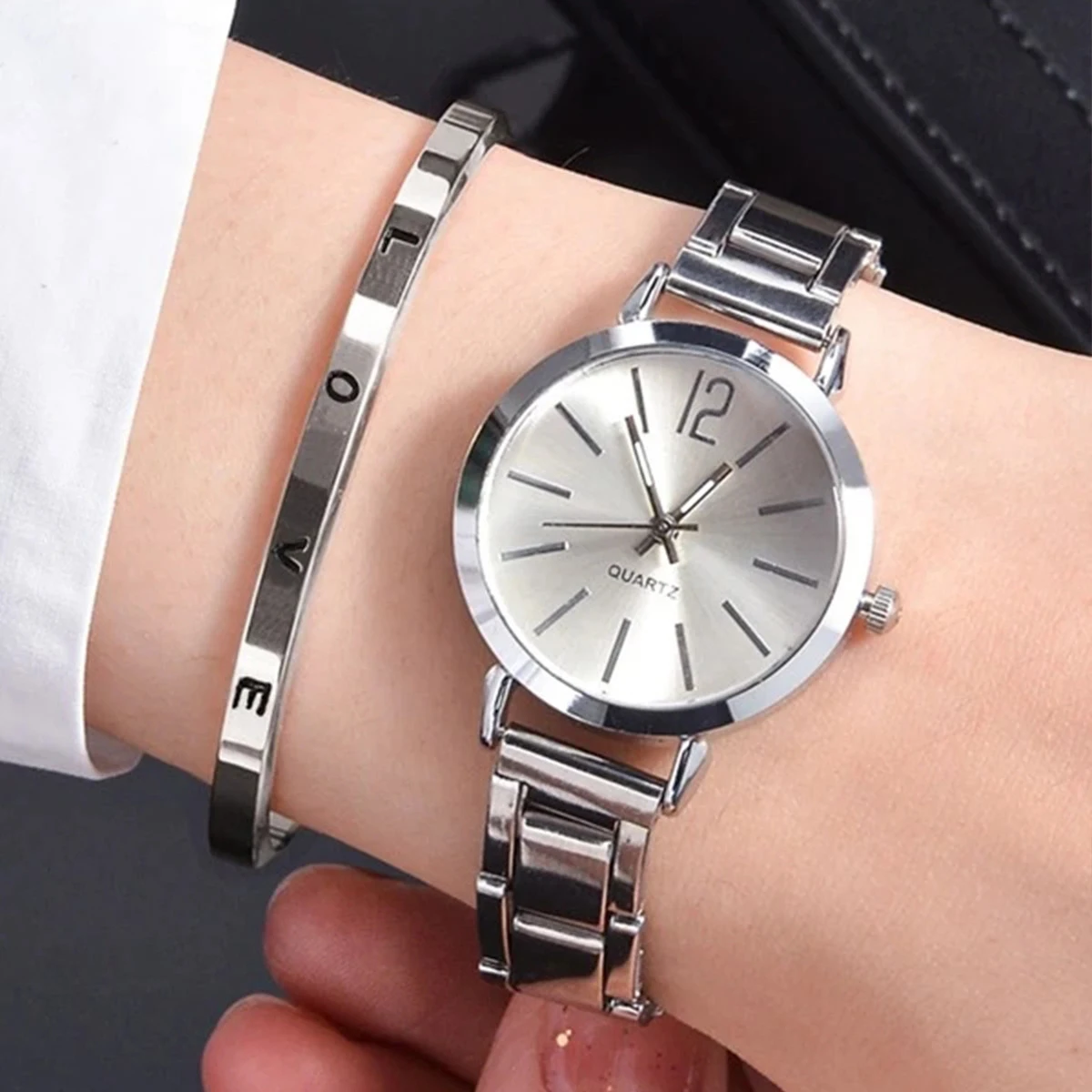 2pcs Set Watch Luxury Women Simple Dial Hollow Strap Fashion Gold Bracelet Quartz Wristwatch Student Ladies Watches Reloj Mujer