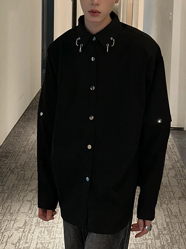 Metallic Patchwork Design Men's Long Sleeve Casual Shirt Loose Fit Spring Summer Short Sleeve Jacket Trendy Youth Style