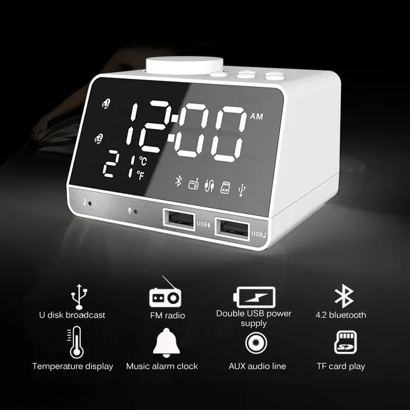 LED Digital Dual Alarm Mirror Clock Wireless Bluetooth Bass Speaker FM Radio+2 USB Charger Ports Music Player Snooze Temperature