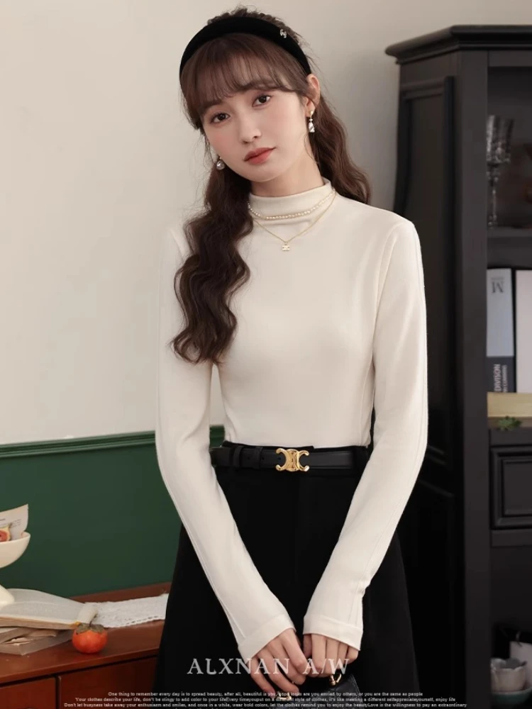 

ALXNAN Apricot Pullovers Autumn Turtleneck Slim Woman's Long-Sleeve T-shirt Soft Versatile Casual Layering Tops Female LXN31966