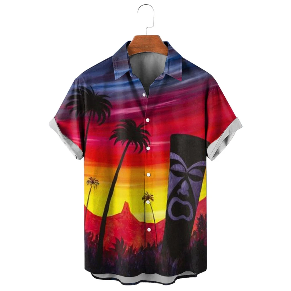 

HX Fashion Men's Shirts Hawaiian Mask Art Sunset Short Sleev Shirt Polynesia Graphic Beach Casual Tops Ropa Hombre