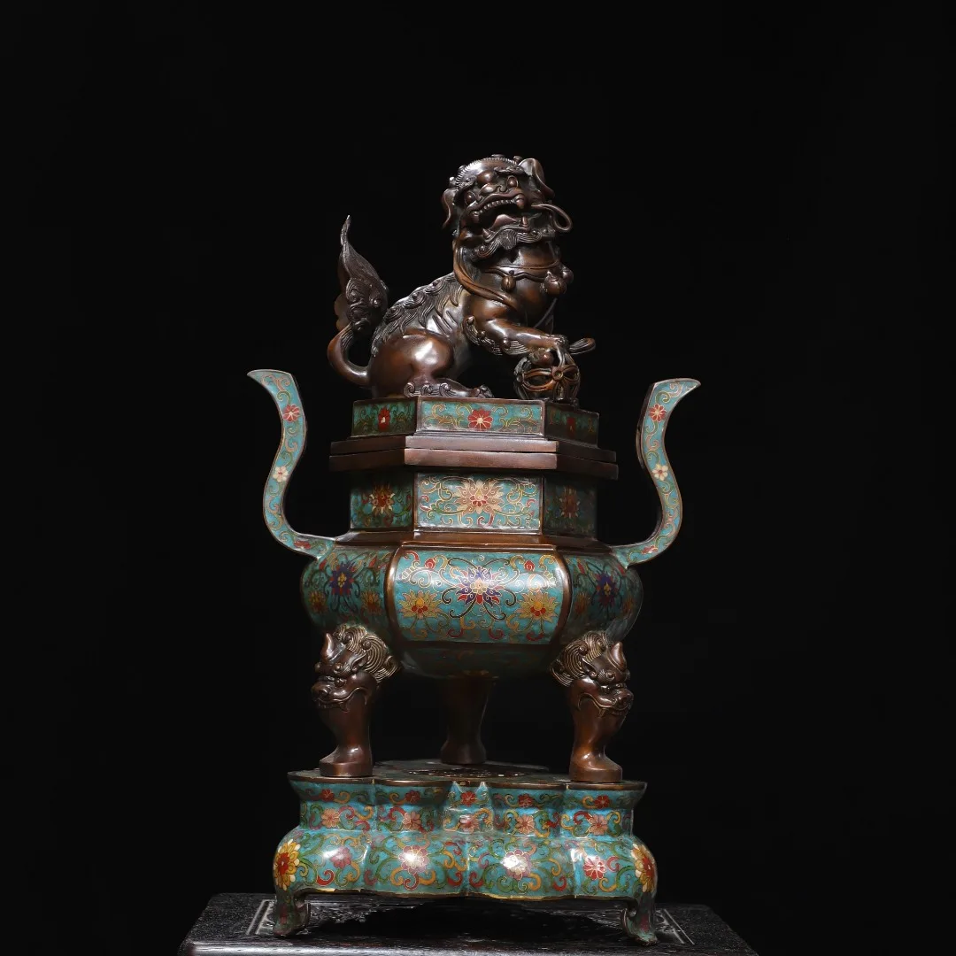 

24-дюймовая старая бронзовая перегородчатая эмалированная статуя льва, чехол для ушей Ruyi, трехногая курильница, основа лотоса, украшения для богатства