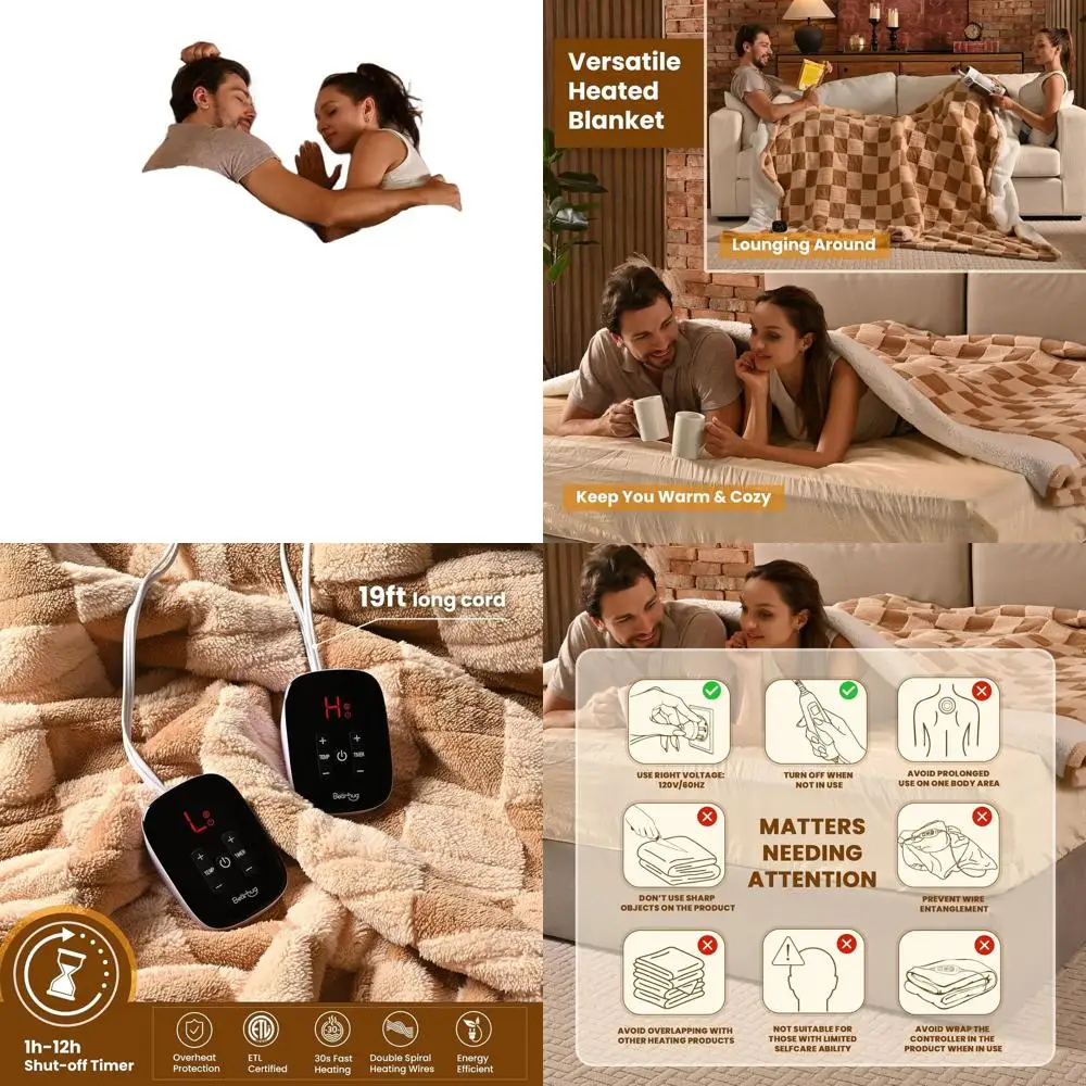 

King Size 100x90 Reversible Brown Plaid Sherpa Electric Blanket with Dual Controllers, 10 Heat Levels, 1-12H Auto Off, ETL Certi